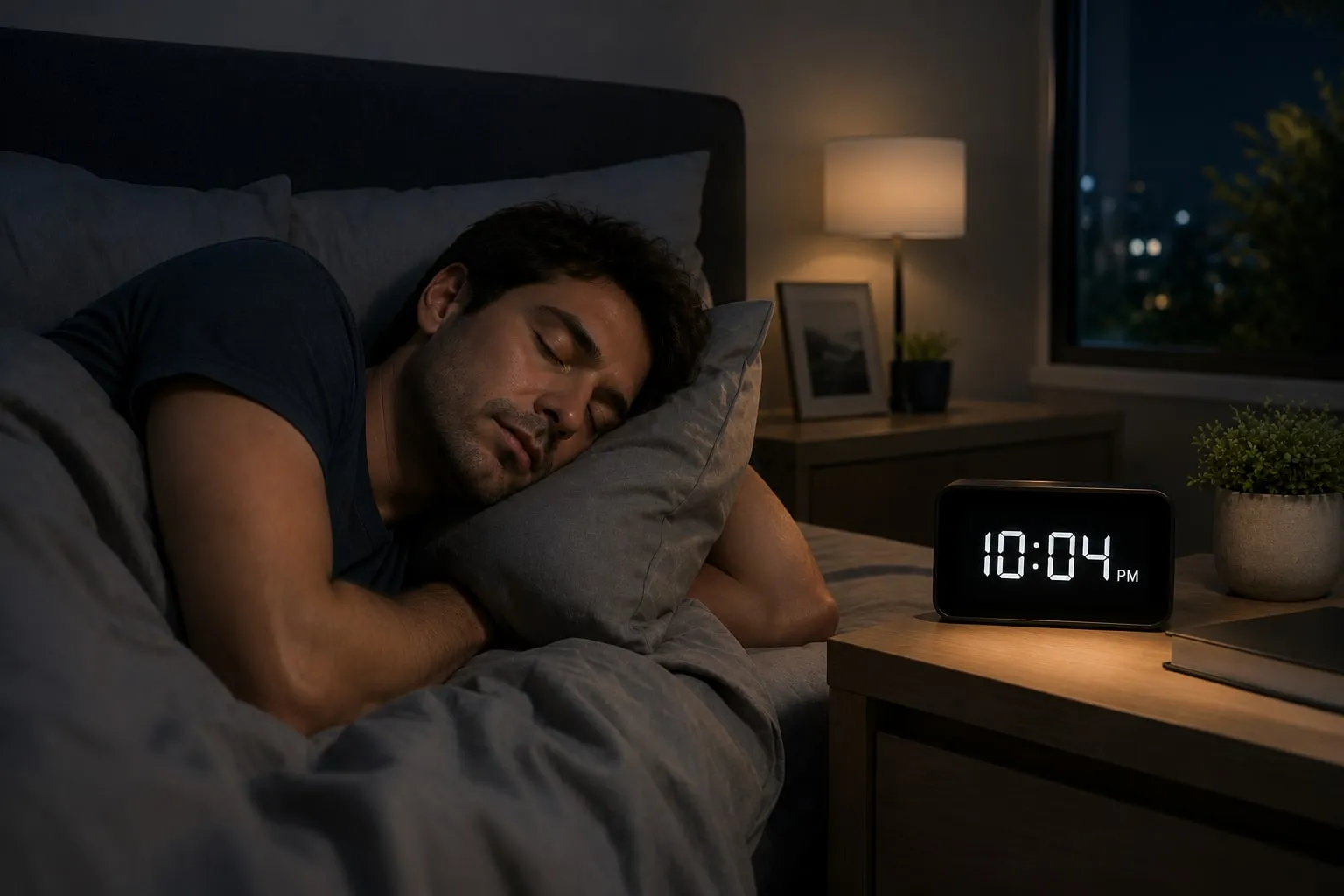 Hombre durmiendo profundamente con un reloj despertador al lado
