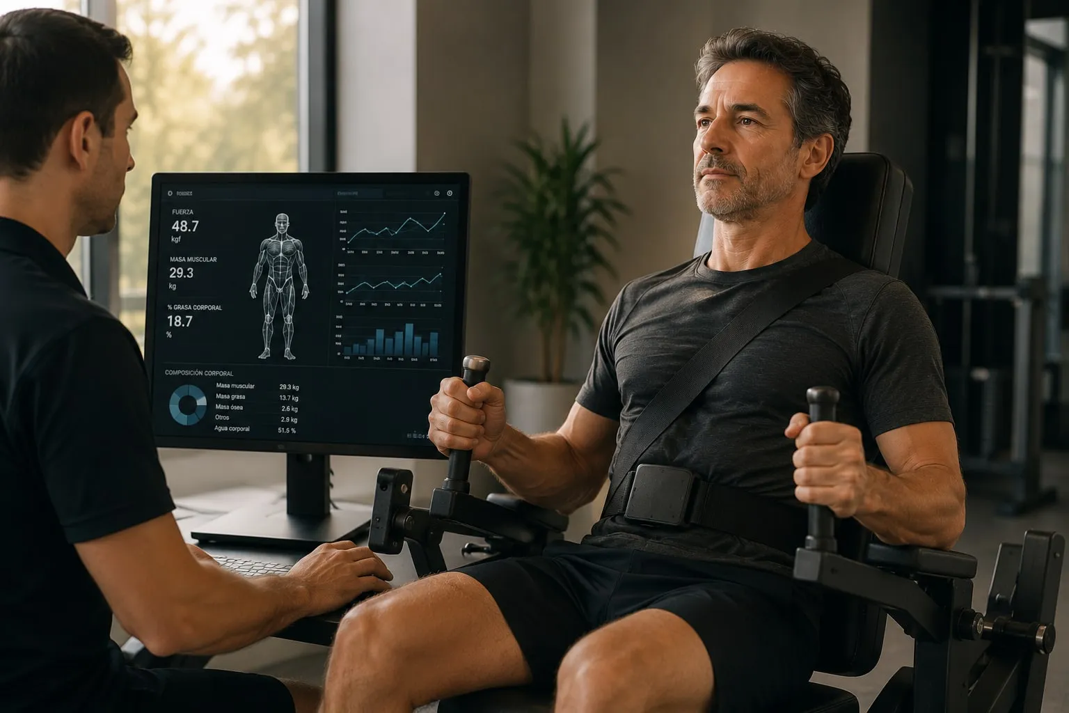 Hombre entrenando con equipamiento de medición muscular junto a un profesional