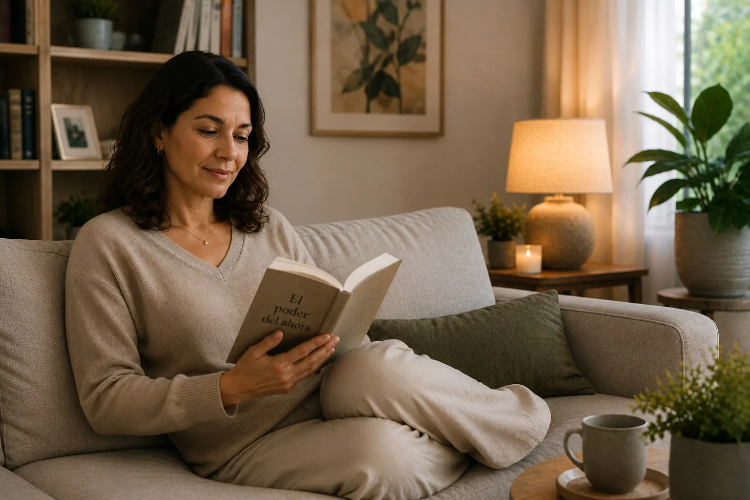 Mujer leyendo un libro en un living cálido