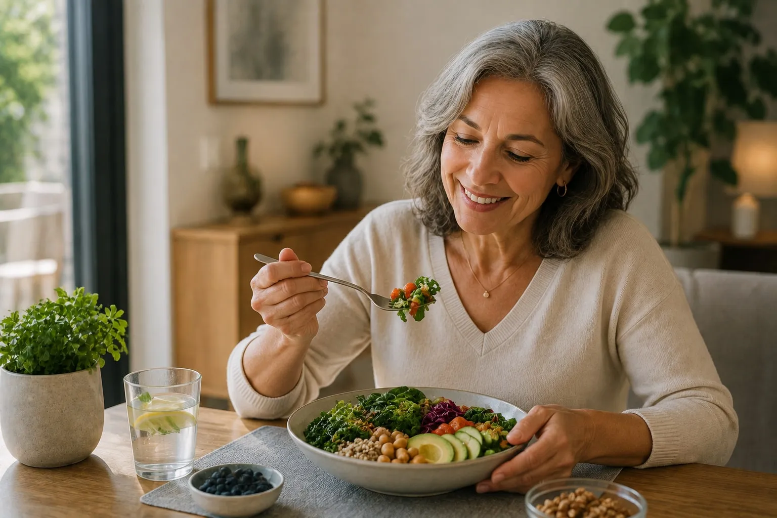 Mujer preparando un plato equilibrado con vegetales frescos